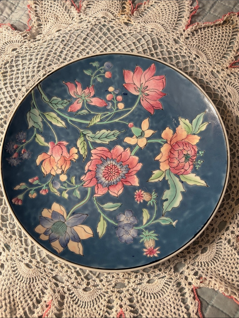 Blue Floral Decorative Ceramic Plate with Pink & Peach Blooms